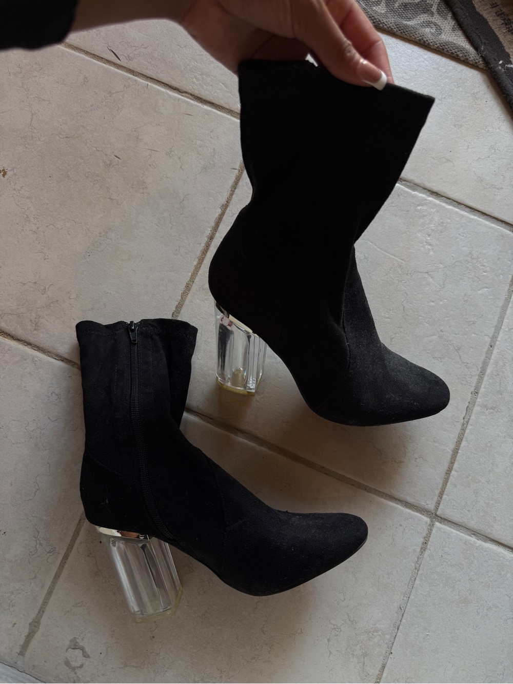 Black Sock Booties with Clear Block Heel - Women's Fashion Boot